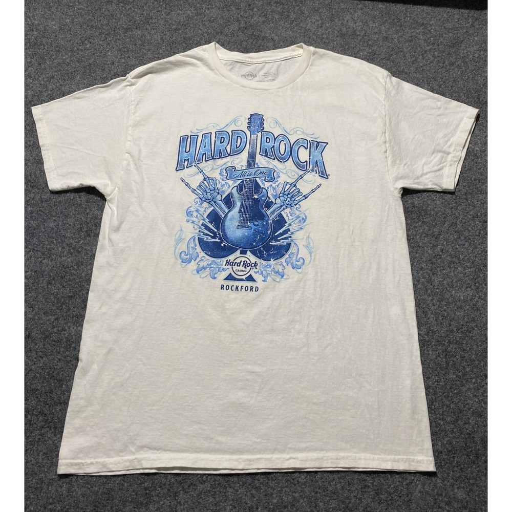 Hard Rock Cafe Rockford Casino Mens Large Cream Blue Guitar Graphic T-Shirt L